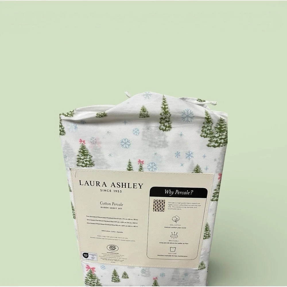 Laura Ashley Queen‎ Percale Sheet Set 100% Cotton Winter Wonderland Green Trees